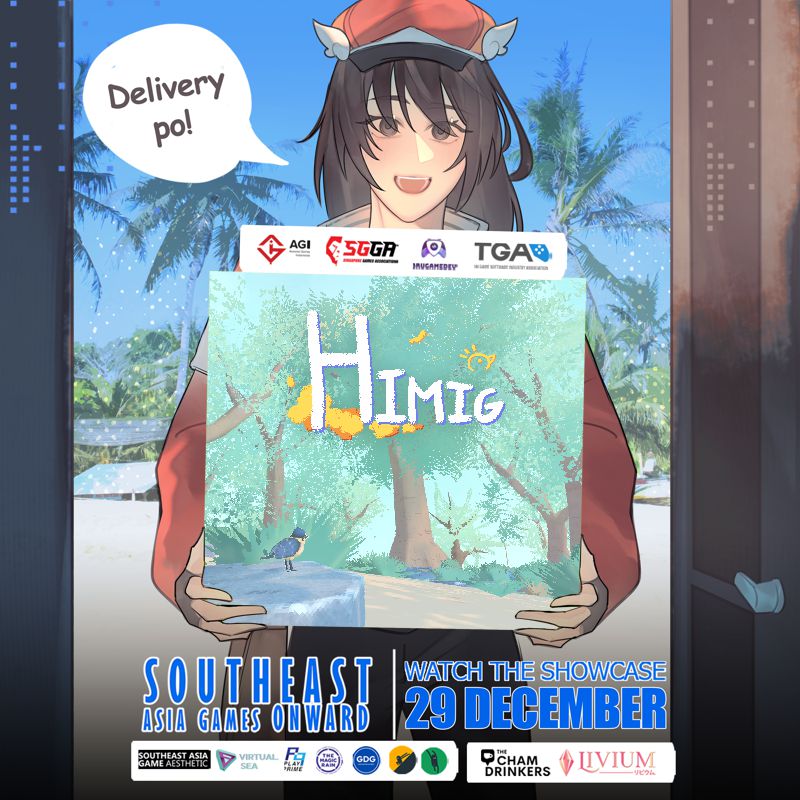 A delivery person in red, holding a box with an in-game screenshot of Himig inside it. In it, a blue bird is starting at a tall Narra tree. Written below the box are the words “Southeast Asia Games Onward. Watch the Showcase: 29 December”.