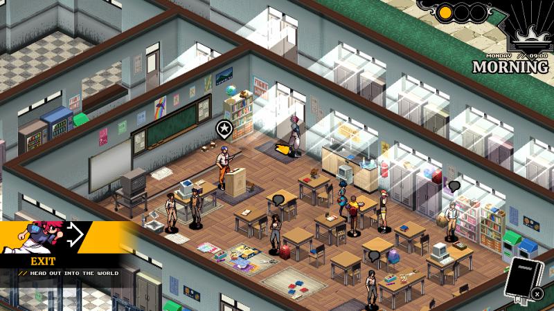 A school setting in isometric view. Sunlight enters through the classroom's doors and windows.