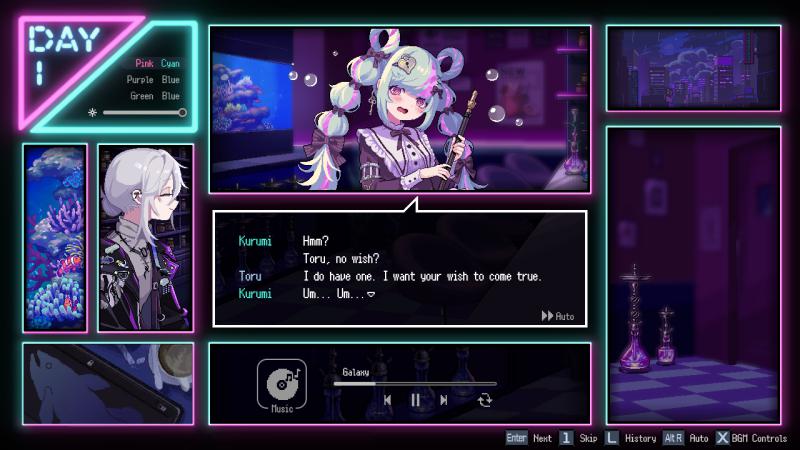 A twin-tailed girl with a hookah, stuttering through her words. The game is presented through an interface with neon light borders.