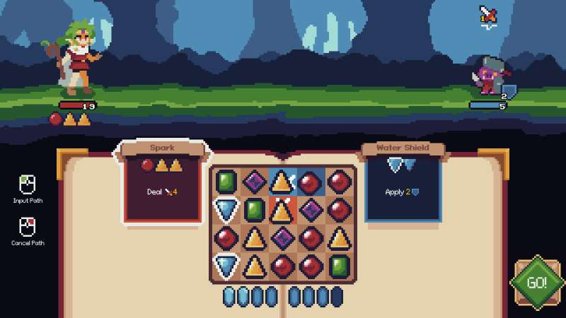 A witch and a goblin battles on the top half of the screen. At the bottom, colored shapes are arranged in a grid.