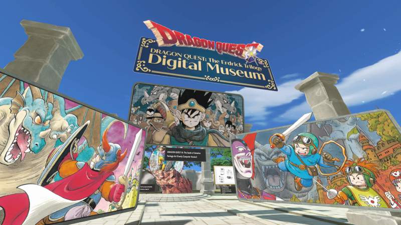 Entrance to the Dragon Quest: The Erdrick Trilogy Digital Museum. Concept arts for the games are shown all over the area.