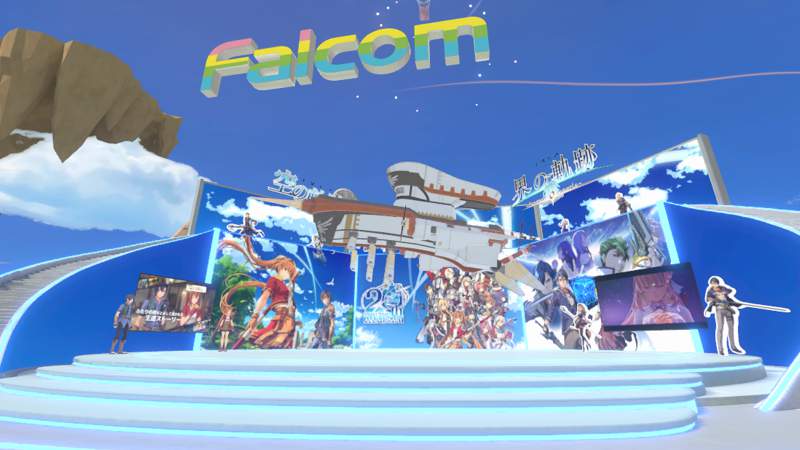 Falcom booth. An airship is flying at the center, with character models, posters, and trailers displayed on the ground. Character standees can be seen from further away.