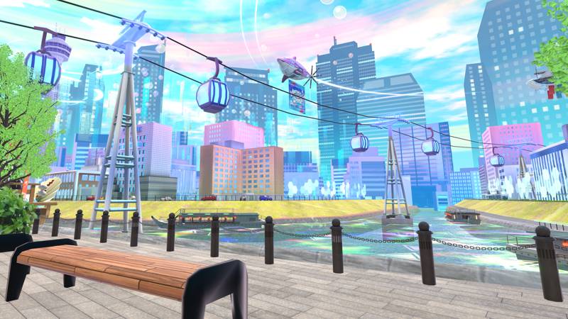 Virtual Market Yokohama’s entrance. A bench can be seen in a backdrop of colorful buildings, fenced off from a lake with cable cars hanging above it.