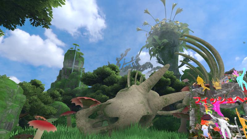 Near the entrance of Dragon’s Back. A terrain sprawling with greenery under a clear blue sky. Giant bones of a dragon’s torso and head are overgrown with moss.