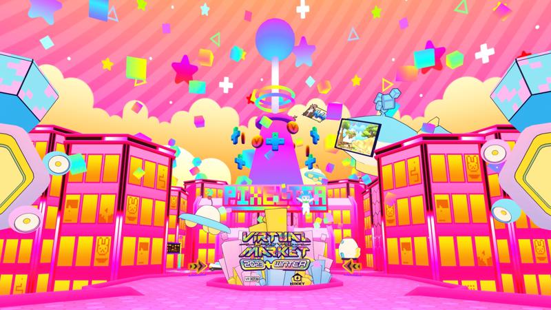 Pixelica’s entrance. A central tower from afar, alongside similarly-shaped buildings, are all painted in very bright shades of pink and yellow. Colorful shapes float in the sky.