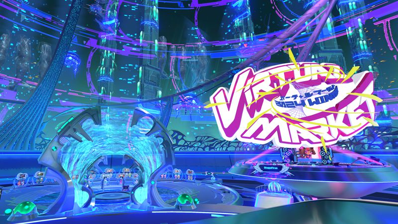 Virtual Market logo at the Parareal Central entrance. Pink and blue-colored cybernetic wires or rails are all over the area, with fancy cylindrical passageways, futuristic buildings and island discs, and jellyfish swimming at the sky.