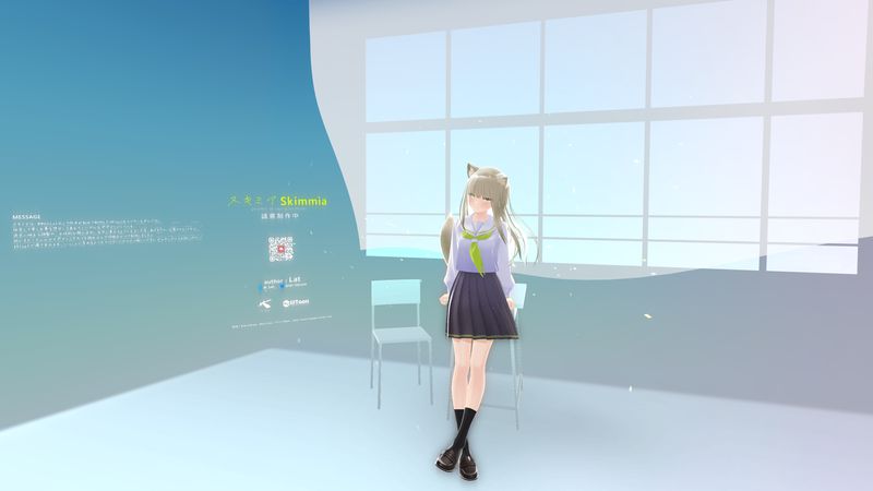 Innoce’s booth. A schoolgirl with long, faint yellow hair, posing inside a minimalistic classroom enveloped in sky blue. A translucent curtain gently sways, covering the windows of the room.