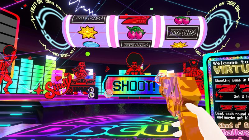 Sammy’s booth. Aiming an orange handgun in first person view at a rainbow-colored button UI in 3D, with the word “Shoot” written on it. Pixel art characters in red and black are vibing to the music all around the area. A huge cylinder mimicking a slot machine floats above.