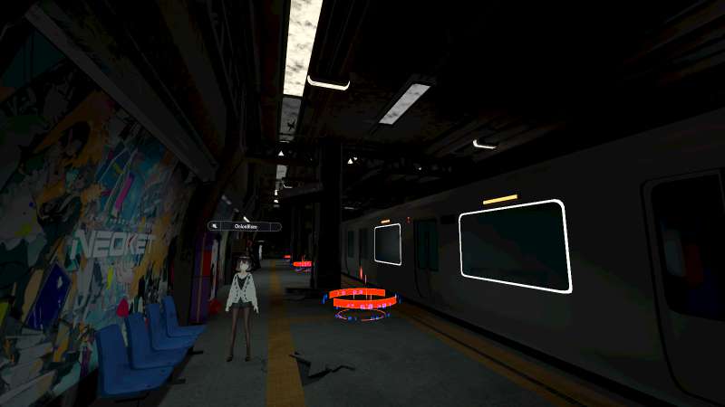 Dark subway station. A 3D avatar stands at the side, facing the camera. Portals colored in red and blue are positioned near the train’s entrance doors.