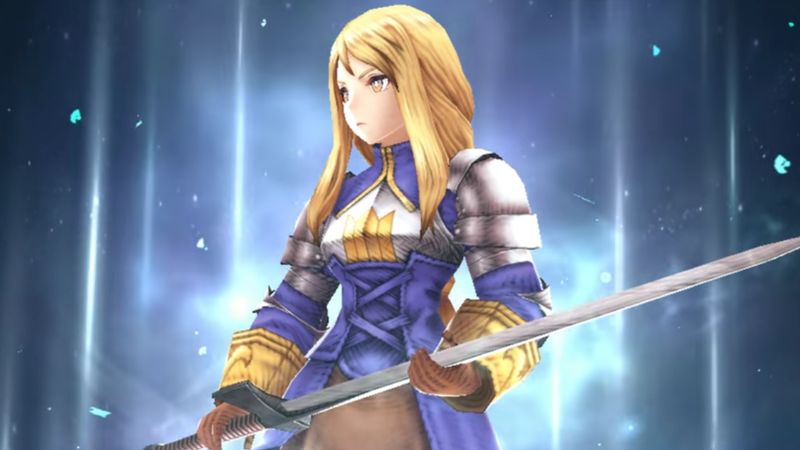 Agrias, a blonde knight clad in blue, stands with confidence and grace as she readies her sword for a Limit Burst: Right hand on its hilt, left to its blade.