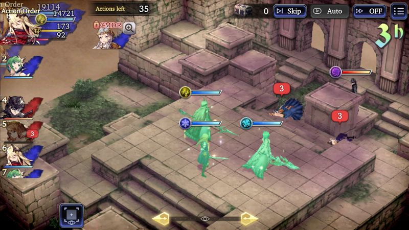 Two groups of three, fighting in an old arena. Two enemies are down, with floating numbers above them. A spear-wielding astrologer, Ramada, leads the winning team.