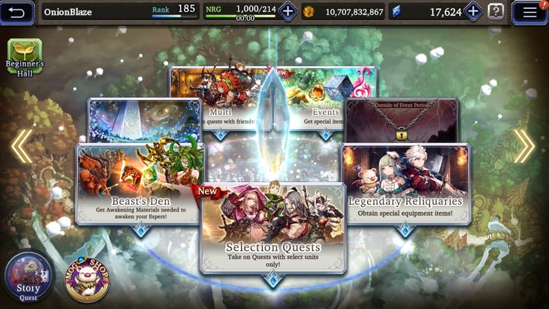 Menu screen. Seven illustrated stage categories float around a translucent crystal, with a flourishing forest as their background.
