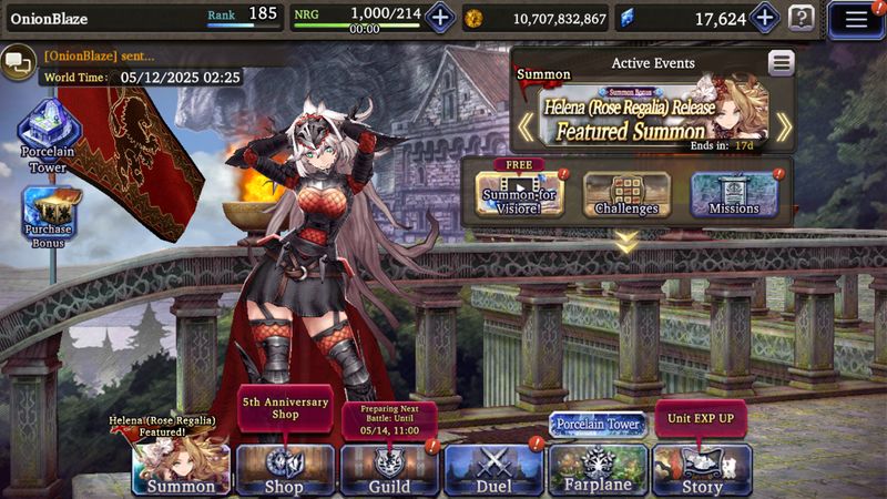 Home screen with a castle background. Sosha, a dragoon in black and red armor, strikes a laid-back pose with both hands on the back of her head.