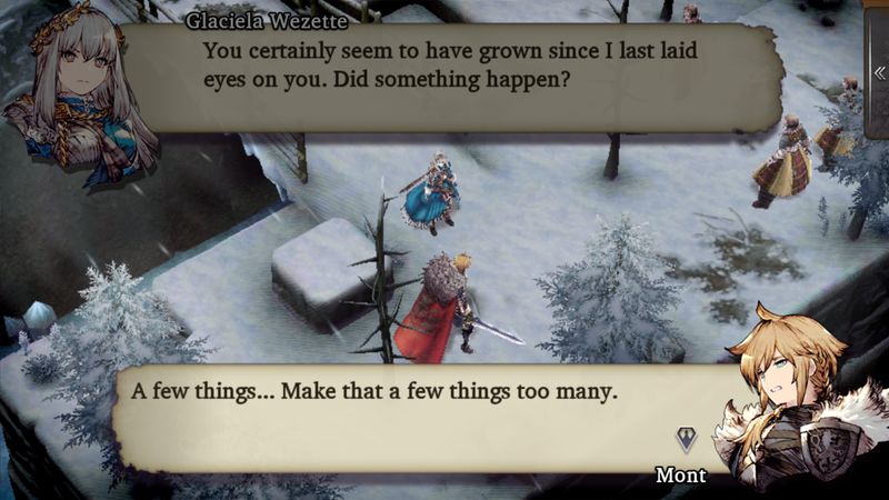 Mont and Glaciela on a snowy landscape. “You certainly seem to have grown since I last laid eyes on you. Did something happen?”, Glaciela says. “A few things… Make that a few things too many.”, replied Mont with a pained expression.