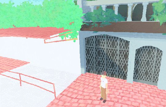 In-game view of a school boy standing near a waiting shed.