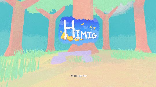 Himig logo with the words “Press Any Key” below it. A few trees and a bench made of rocks can be seen in the background.