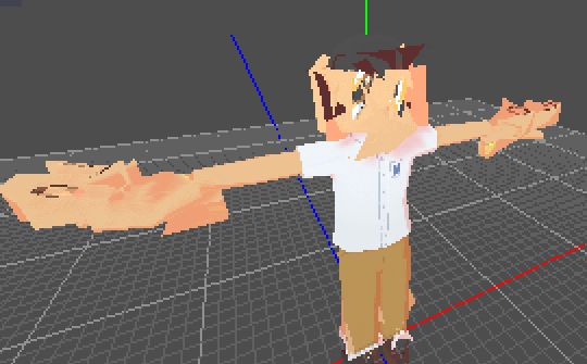 3D model of a school boy, messed up by shader code.