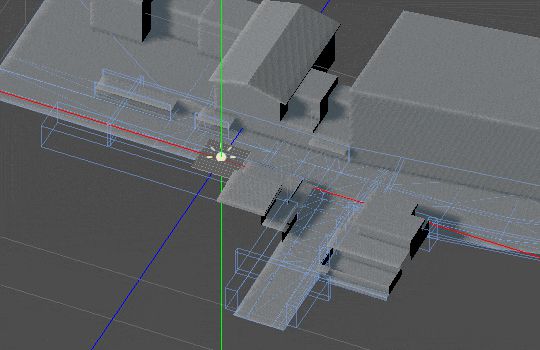 Untextured location with visible collision boxes.