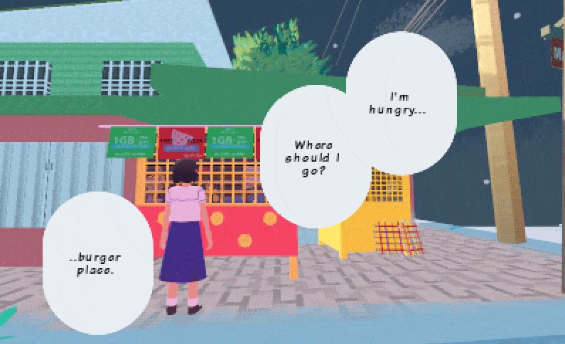 A school girl approaching a sari-sari store and talking to herself through dialogue bubbles.