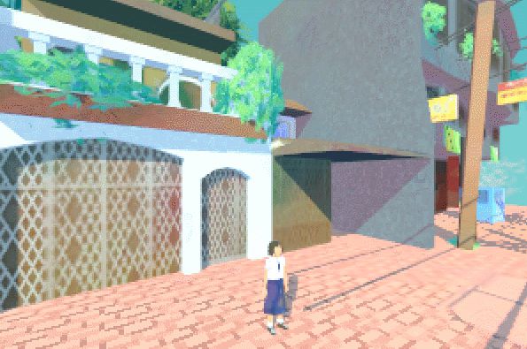 A school girl standing in front of a white, gated house, facing away from it.