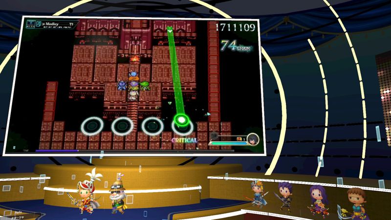 A stage where a Theatrhythm level being played is being shown. Onion Knight dances at the center stage. A few other Final Fantasy characters are also on the side.