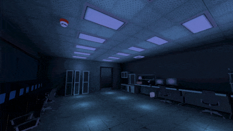 A spooky monitoring room, with 3D avatars wearing an Atelier costume showing up and fading away from a faraway doorway and the side alternately.
