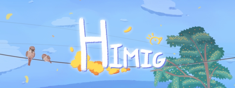 Banner with the Himig logo, decorated with yellow petals. Two Eurasian Tree Sparrows on a wire and a Narra tree can be seen in the sunny sky background.