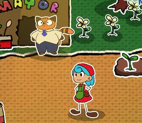 A blue-haired farmer girl wears a red and green outfit in a farmland. A cat wearing a business suit stands near a big box with the label "Mayor".