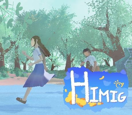 A boy and a girl in school uniforms, running to the left. Different kinds of trees can be seen in the background. A petal-decorated logo for Himig is at the bottom right.