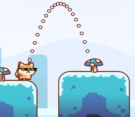 A Shiba Inu wearing sunglasses prepares to jump at another snow-themed platform with a mushroom on it. The parabola of the jump can be seen.
