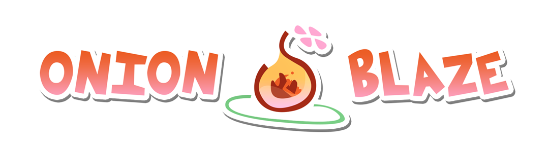 OnionBlaze Logo; An onion with a fire icon and pink petals that form a D-Pad. It floats above a tilted green halo.