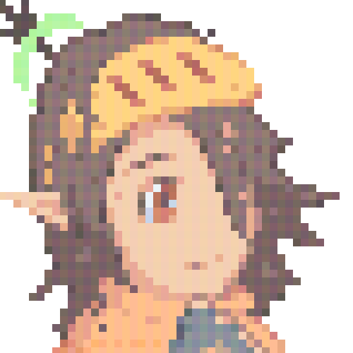 Close-up pixel art of a character in orange with medium-length brown hair, a yellow visor, and a green halo around their small ponytail.